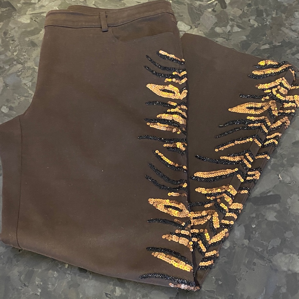 Marina Rinaldi Brown Straight Leg Jeans with Gold and Black Embellishments